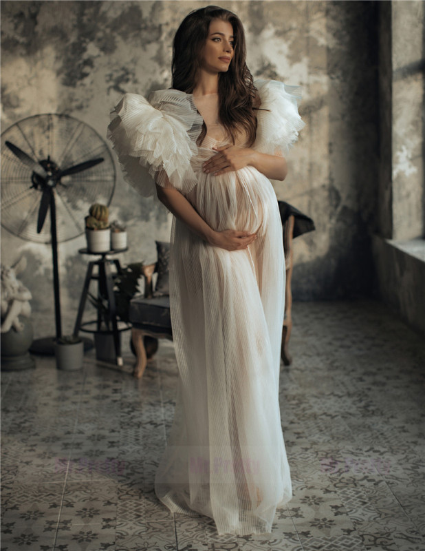 Ivory /Light Champagne Pleat Tulle Sexy Maternity Dress Photo Shot Dresses