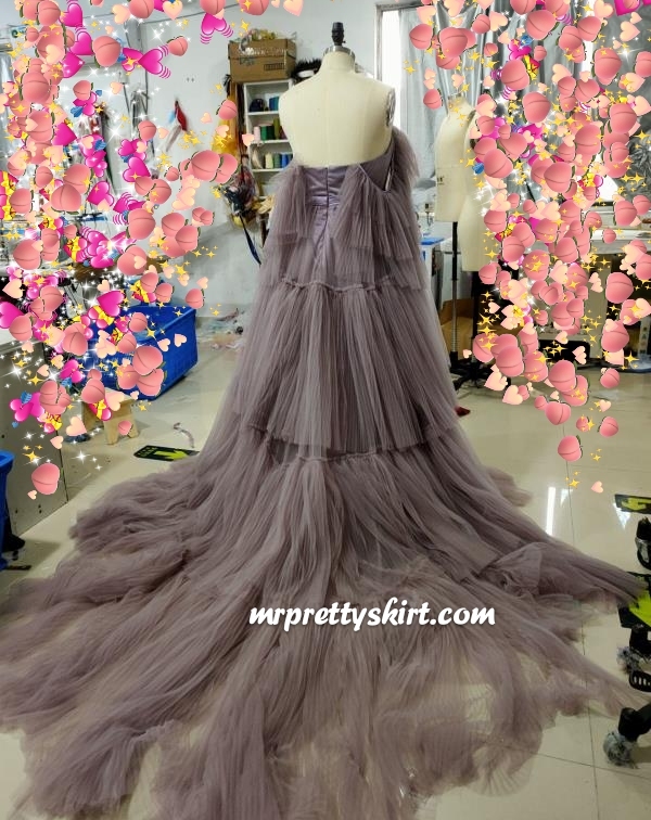 Dusty Purple Pleat Tulle  Lace Up Maternity Dress Free Shipping