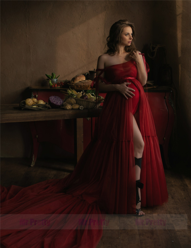 2 Pieces Burgundy Maternity Dress Photoshoot Dress