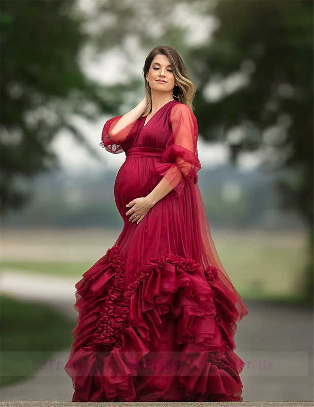 Burgundy Tulle Bud Sleeve Ruffle Maternity Dress Photoshots Dress