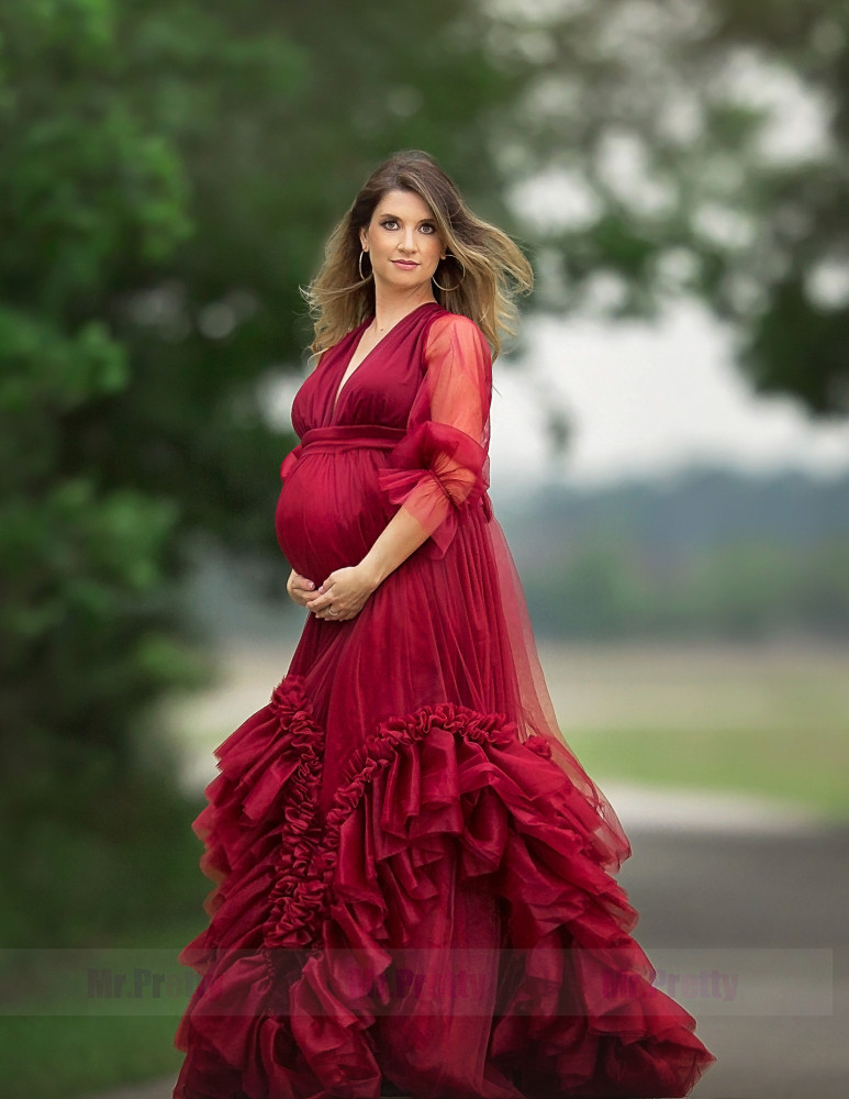 Burgundy Tulle Bud Sleeve Ruffle Maternity Dress Photoshots Dress