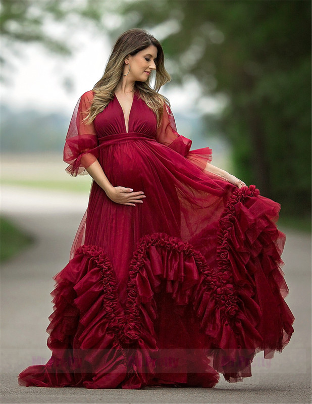 Burgundy Tulle Bud Sleeve Ruffle Maternity Dress Photoshots Dress