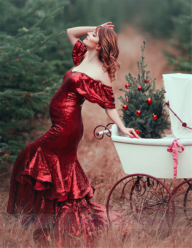 Burgundy Sequin  Maternity Dress Photoshots Dress