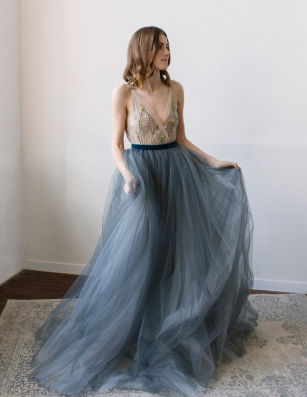 Grey Blue Wedding Skirt  2 Pieces Bridal Dress