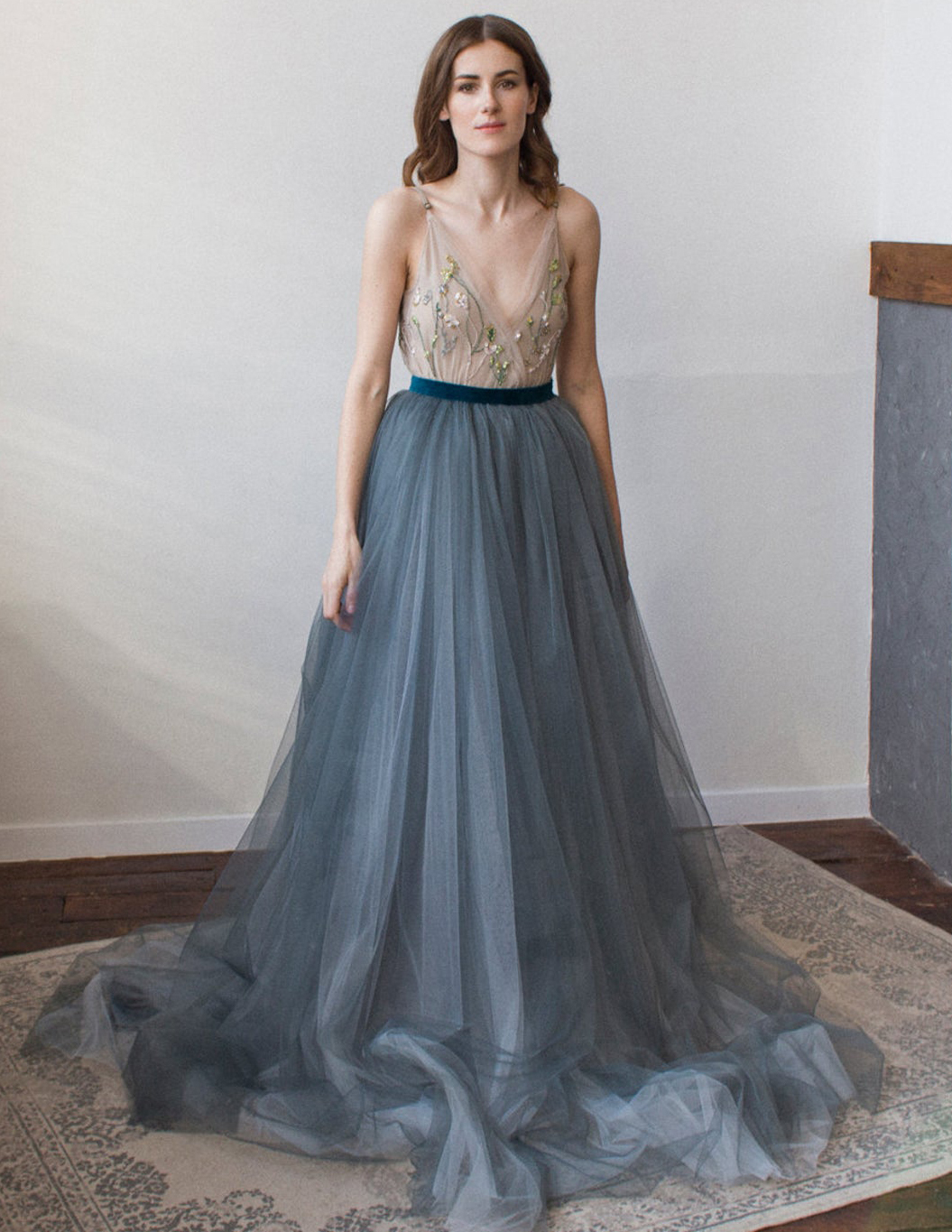 Grey Blue Wedding Skirt  2 Pieces Bridal Dress