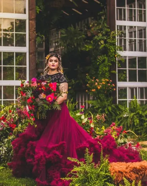 Burgundy Ruffle Long Train Wedding Skirt