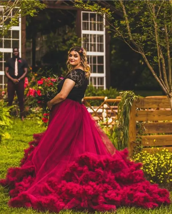 Burgundy Ruffle Long Train Wedding Skirt