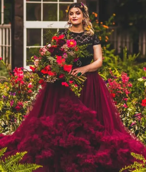 Burgundy Ruffle Long Train Wedding Skirt