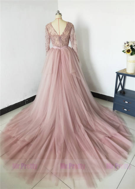 Mauve Lace Long Train Wedding Skirt 2 Pieces Wedding Dress