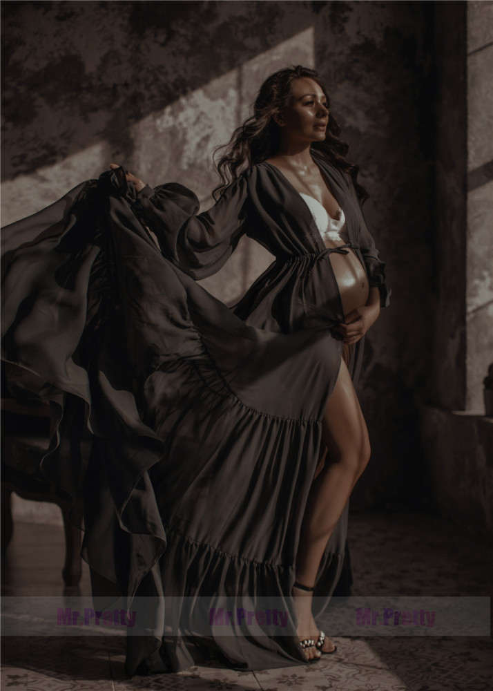 Dark Grey Chiffon Open Front Maternity Dress