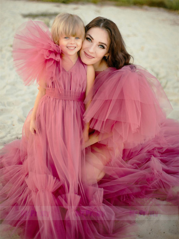 Open Front Tulle Mother and Kids Dress