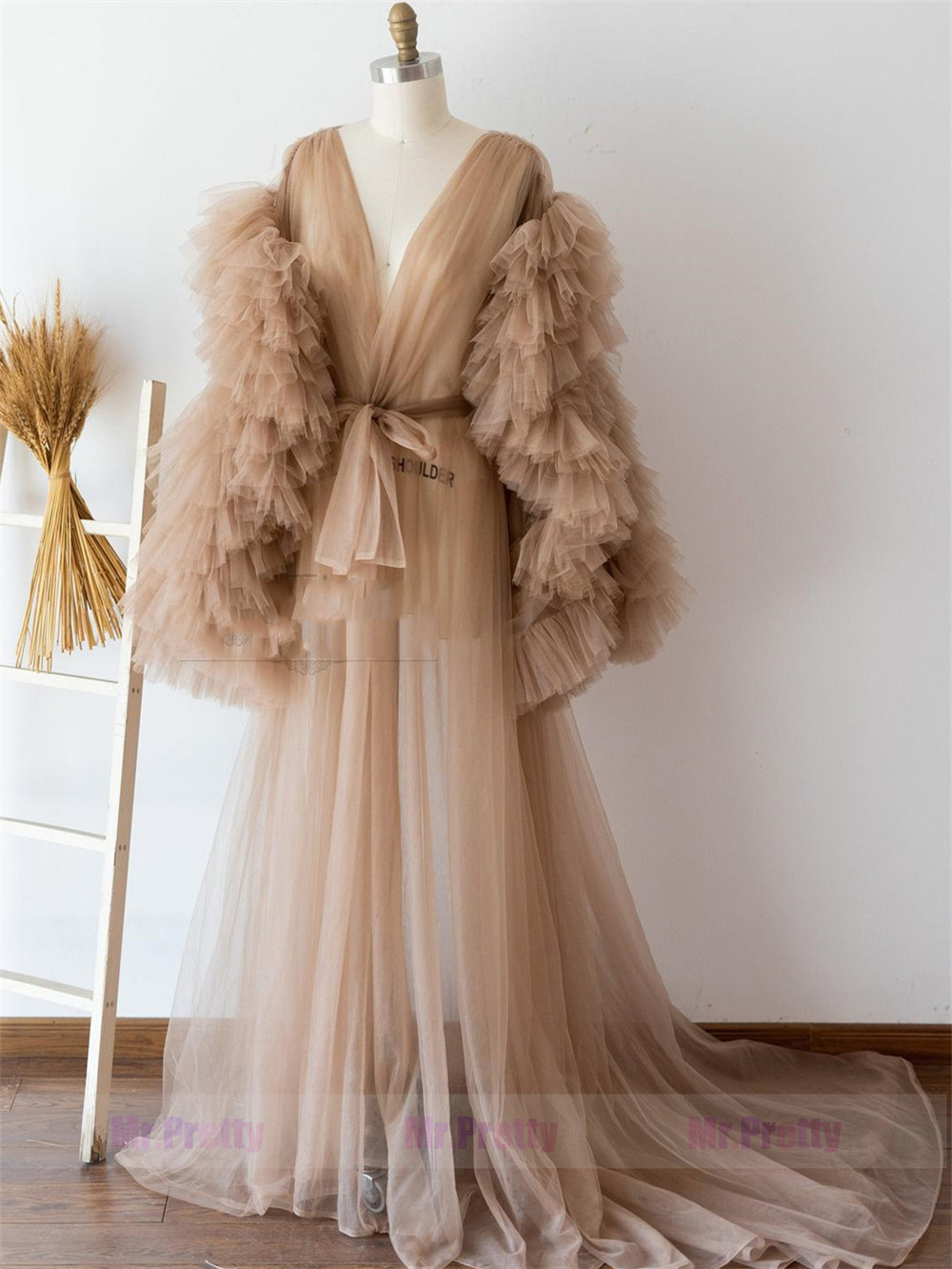 Tan Tulle Ruffle Sleeve Maternity Dress