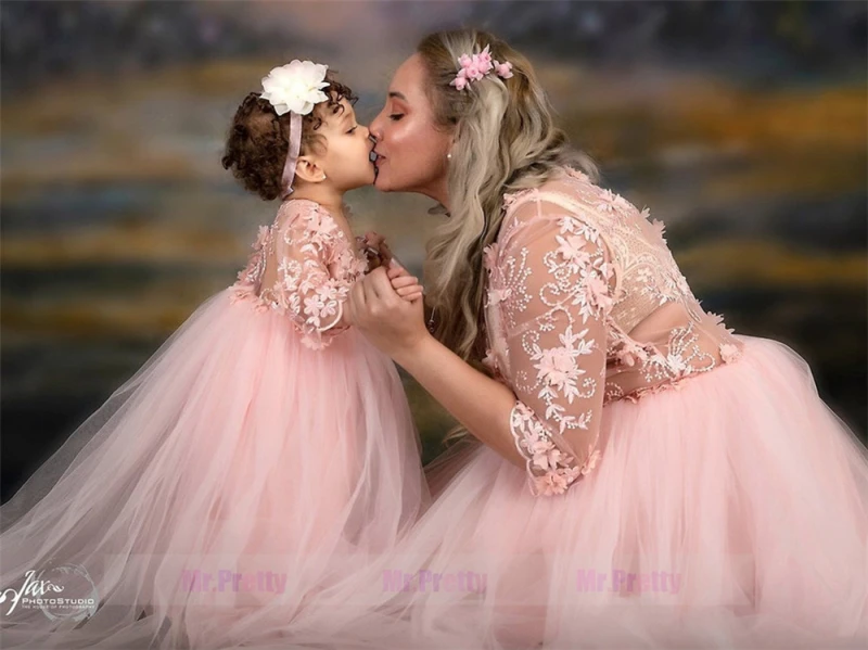 Pink Lace Tulle Mother and Kids Dress