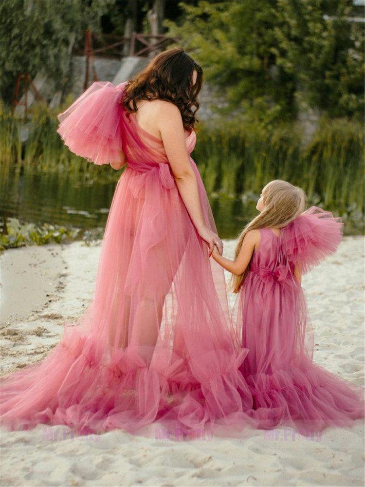 Open Front Tulle Mother and Kids Dress