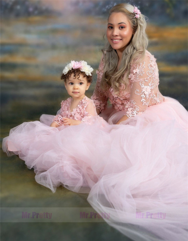 Pink Lace Tulle Mother and Kids Dress