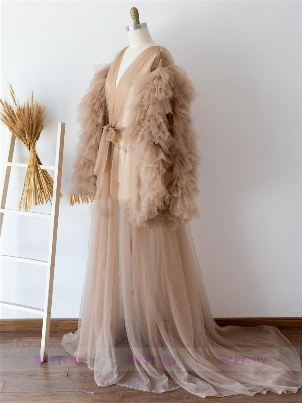 Tan Tulle Ruffle Sleeve Maternity Dress