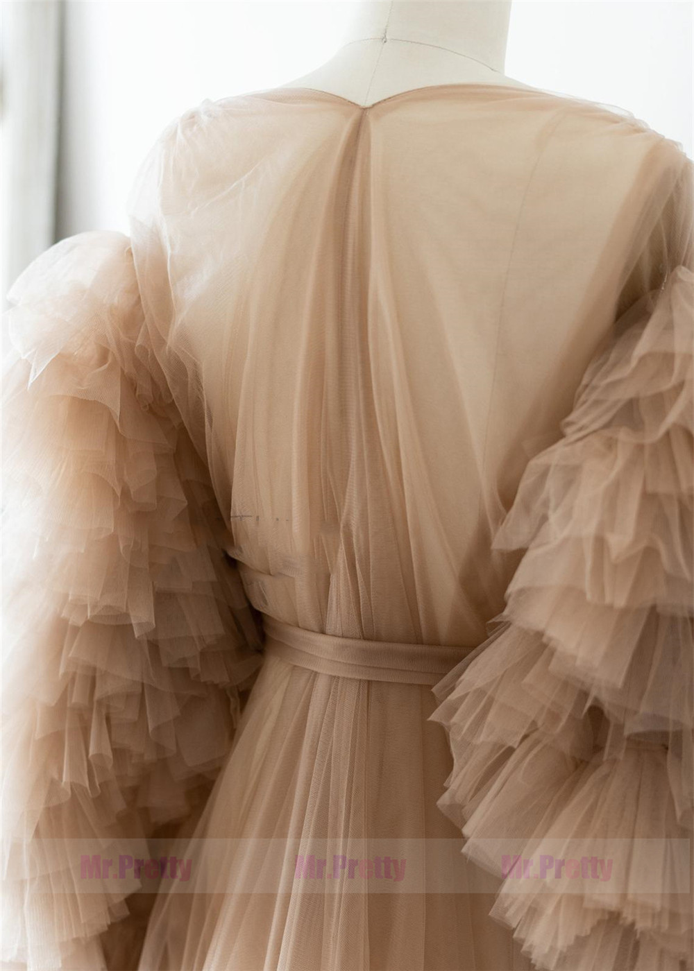 Tan Tulle Ruffle Sleeve Maternity Dress