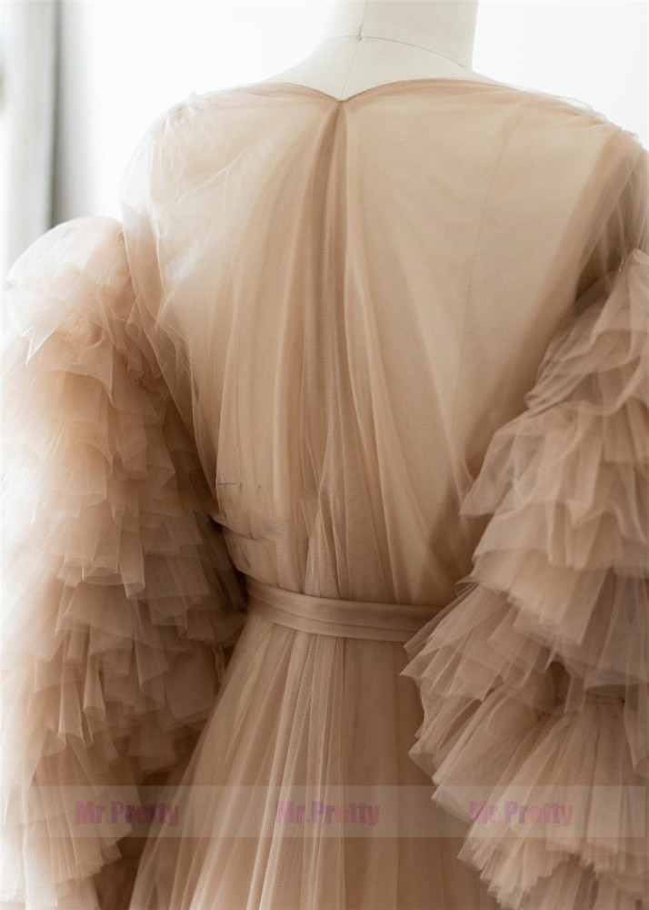 Tan Tulle Ruffle Sleeve Maternity Dress