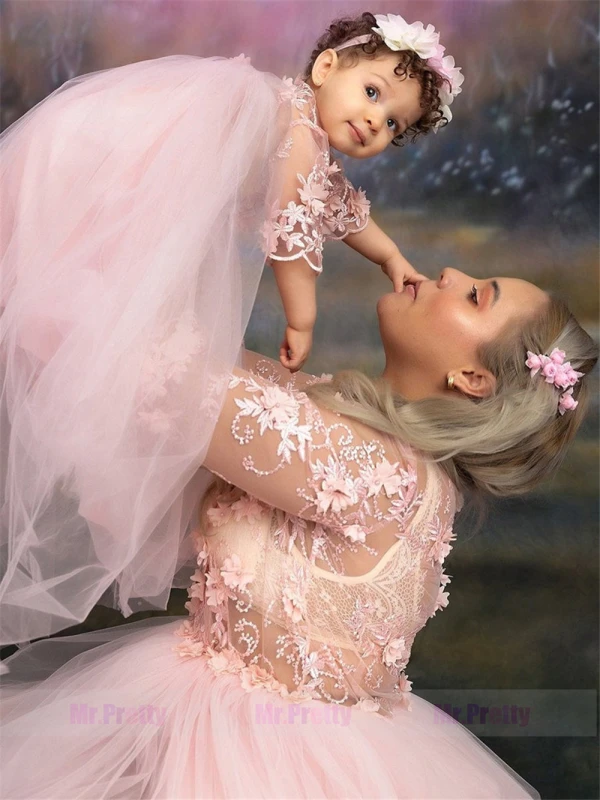 Pink Lace Tulle Mother and Kids Dress