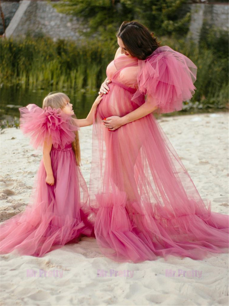 Open Front Tulle Mother and Kids Dress