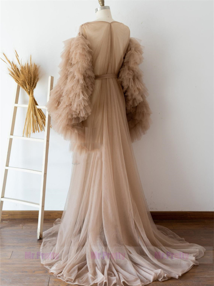 Tan Tulle Ruffle Sleeve Maternity Dress