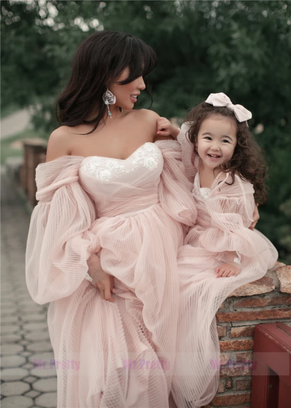 Pleat Tulle Lace Up Mother and Kids Dress