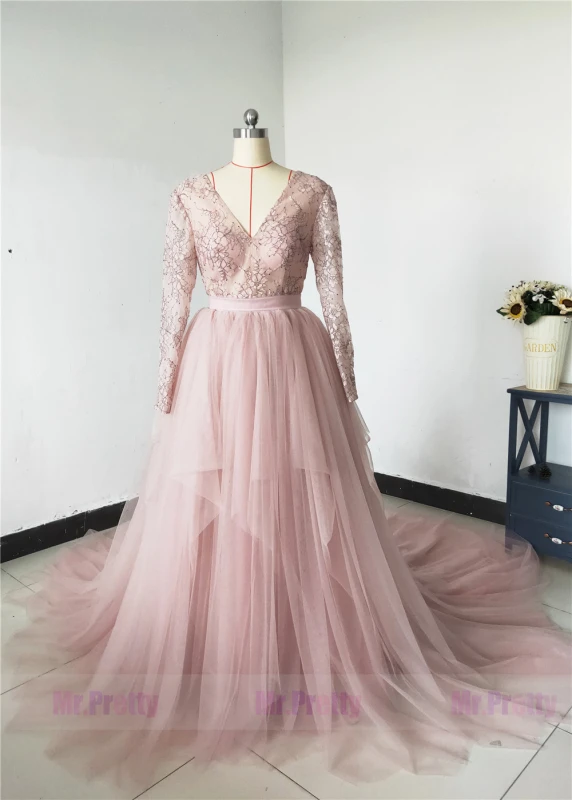 Mauve Lace Long Train Wedding Skirt 2 Pieces Wedding Dress
