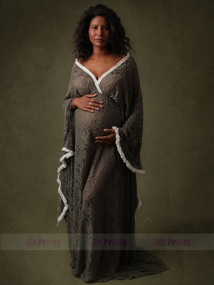 Grey Lace Adustable Waist  Maternity Dress
