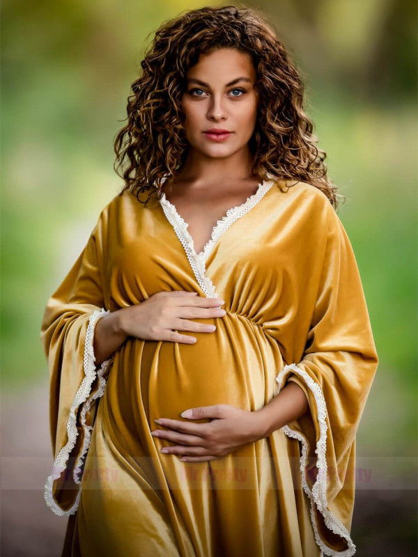 Gold Velvet Lace Adustable Waist  Maternity Dress