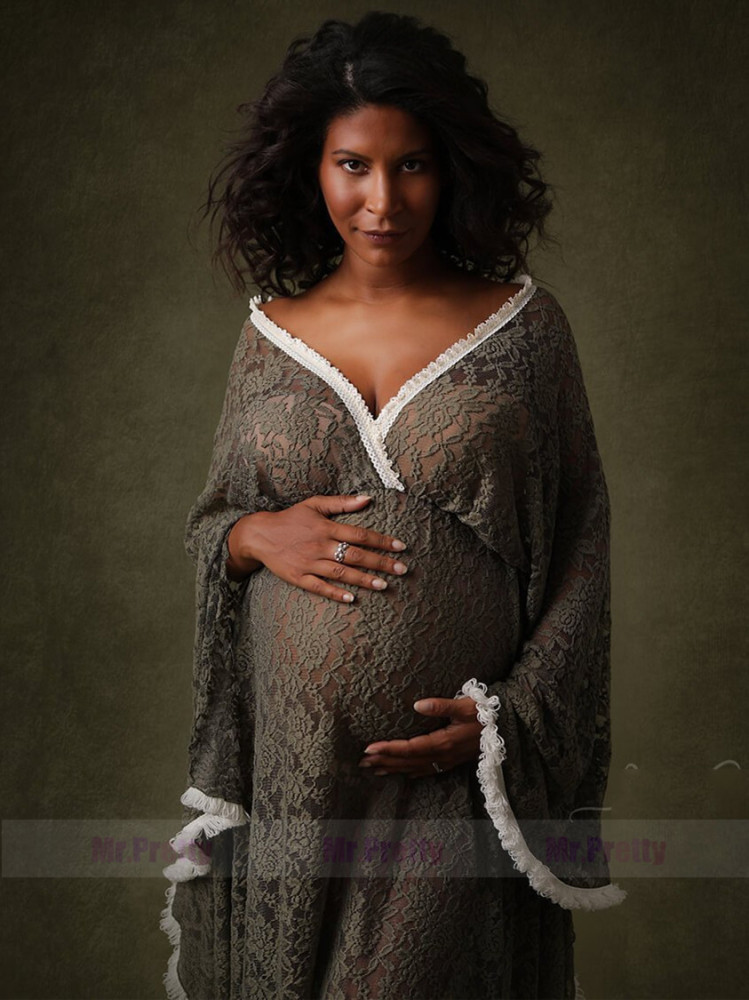 Grey Lace Adustable Waist  Maternity Dress