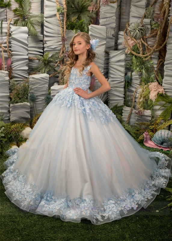 Light Blue Floral Tulle Lace Girls Pageant Dress