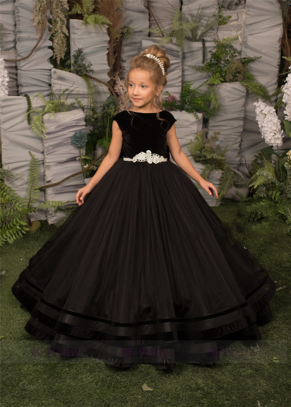 Black Velvet Tulle Girls Pageant Dress