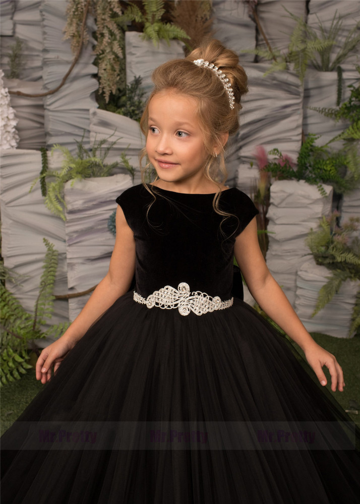 Black Velvet Tulle Girls Pageant Dress