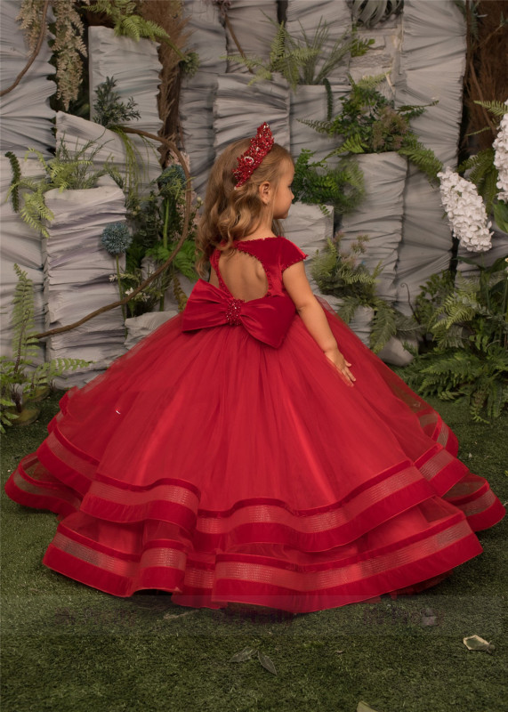 Red Velvet Tulle Girls Pageant Dress