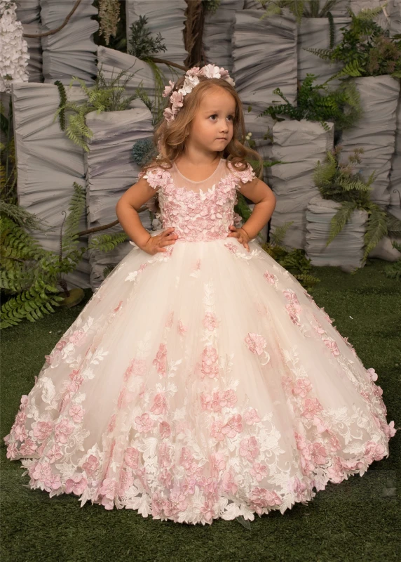 Luxury Pink Lace Tulle Girls Pageant Dress