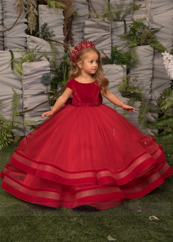 Red Velvet Tulle Girls Pageant Dress