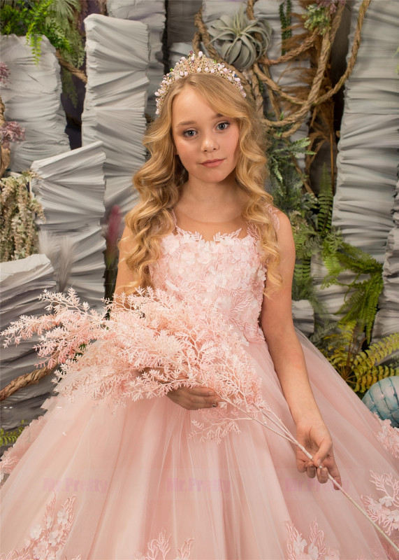 Pink Floral Tulle Lace Girls Pageant Dress