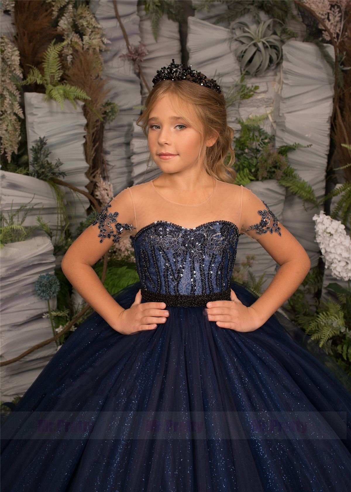 Navy Blue Lace Girls Pageant Dress
