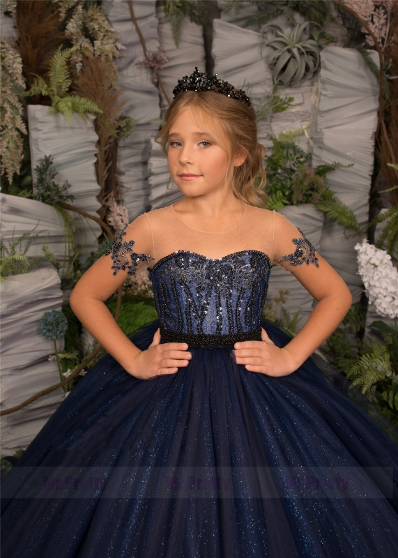 Navy Blue Lace Girls Pageant Dress