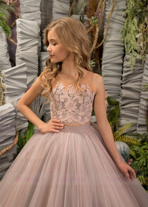 Pink Tulle Lace Girls Pageant Dress
