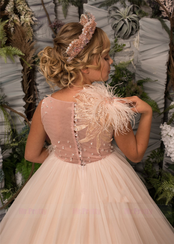 Champagne Luxury Lace Tulle Girls Pageant Dress