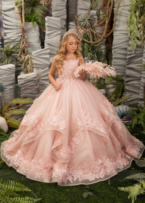 Pink Floral Tulle Lace Girls Pageant Dress