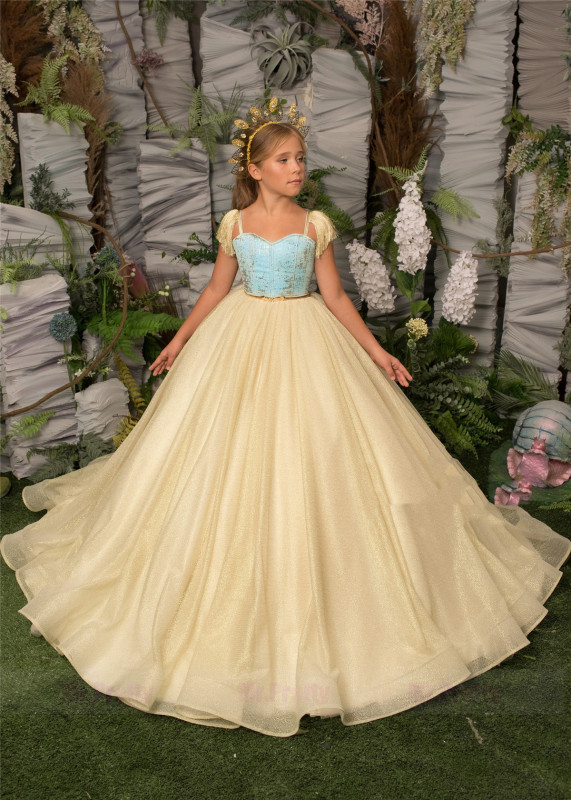 Light Gold Sparkle Tulle Luxury Girls Pageant Dress