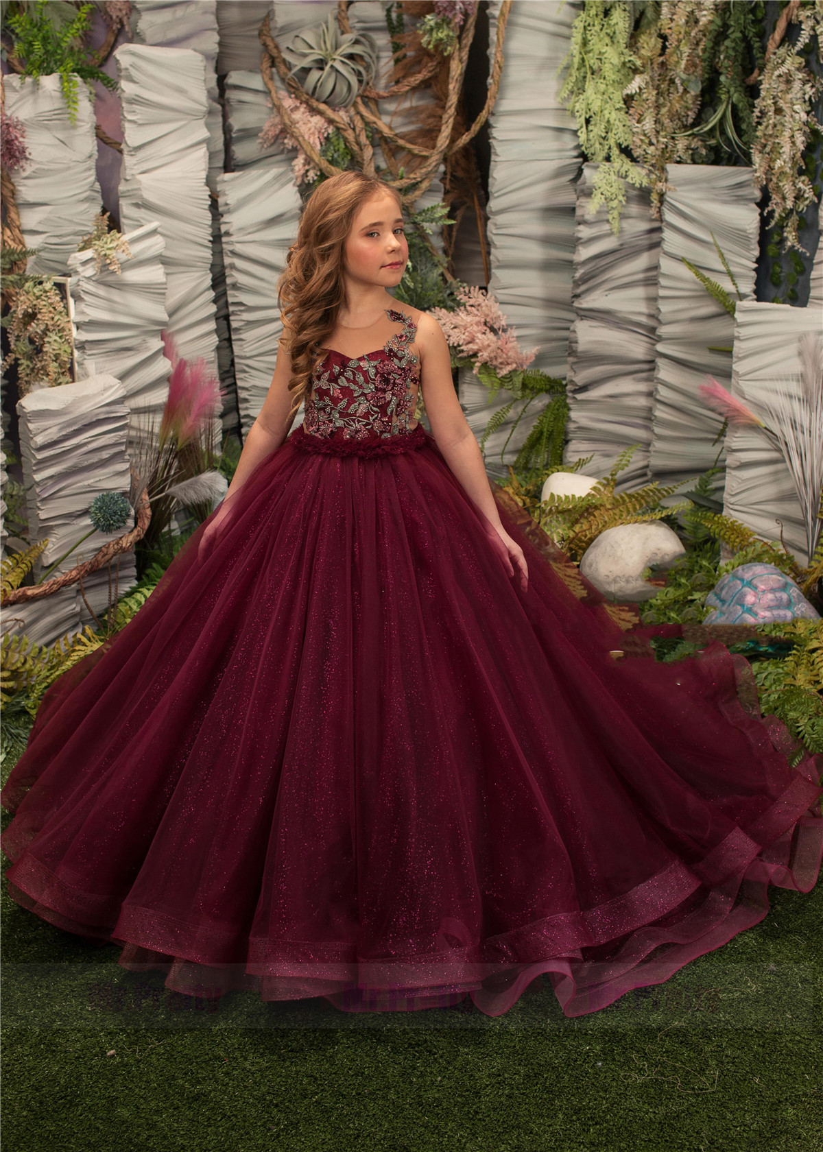 Burgundy Girls Pageant Dress Party Dress