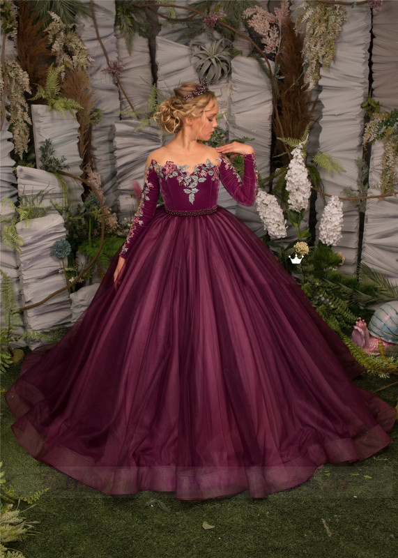 Rose Red Velvet Tulle Girls Pageant Dress