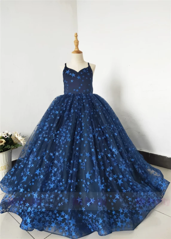Free Shipping Navy Blue Sparkle Tulle  Flower Girl Dress