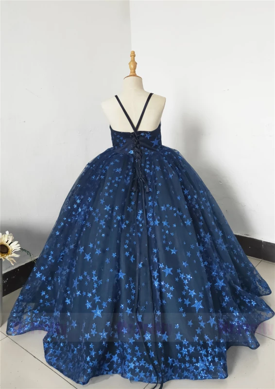 Free Shipping Navy Blue Sparkle Tulle  Flower Girl Dress