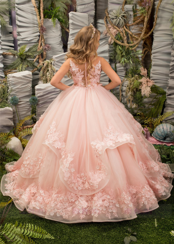 Pink Floral Tulle Lace Girls Pageant Dress