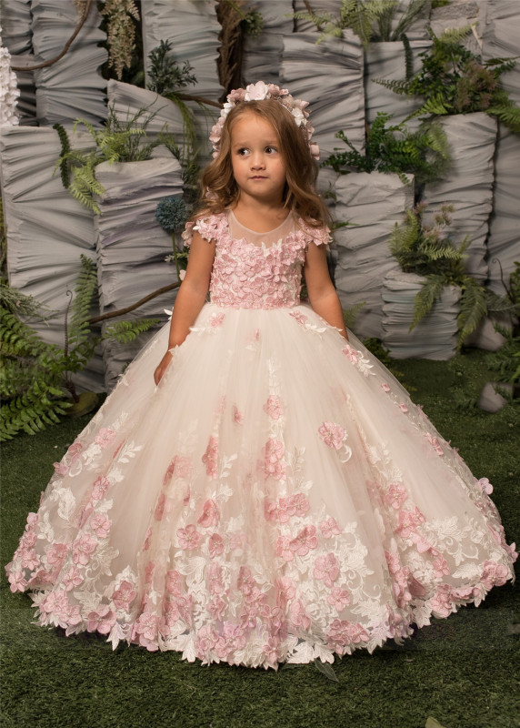 Luxury Pink Lace Tulle Girls Pageant Dress