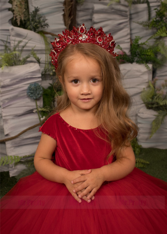 Red Velvet Tulle Girls Pageant Dress